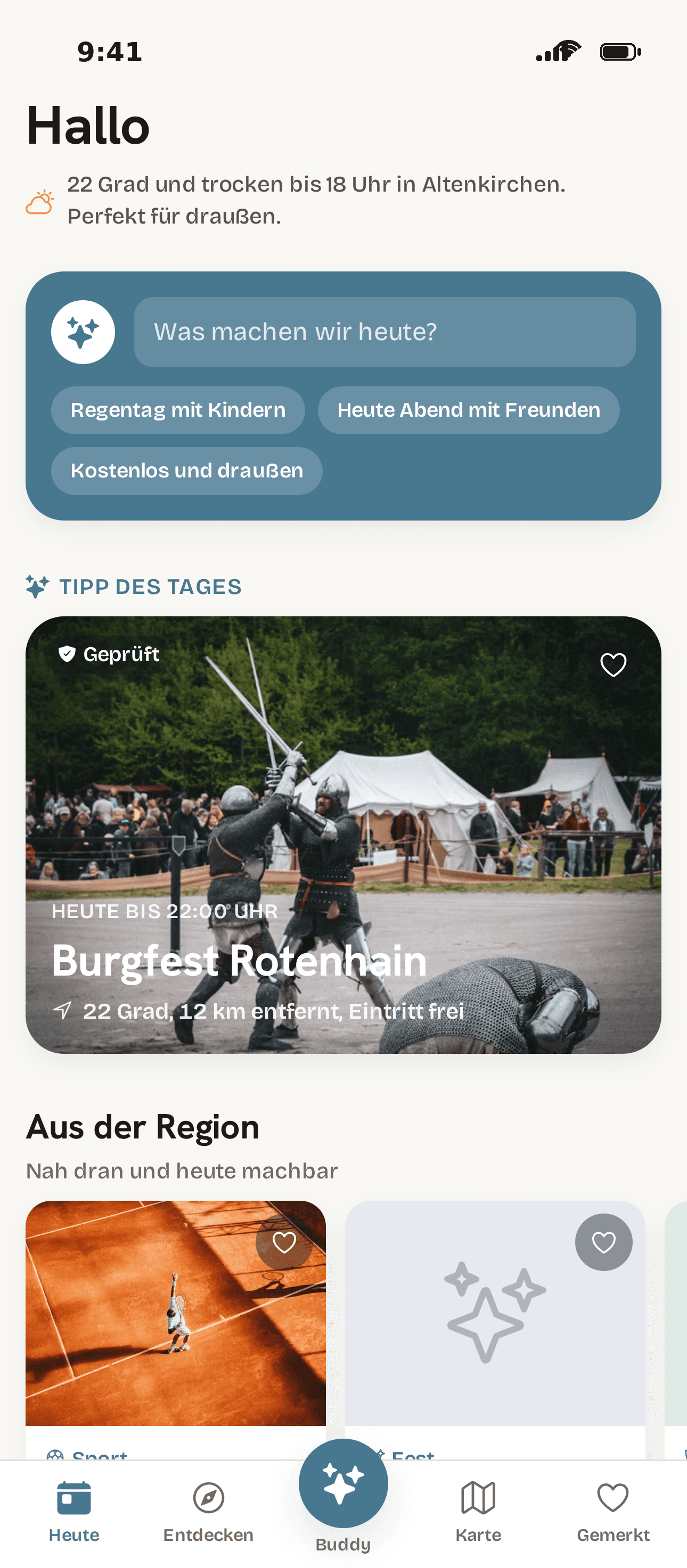Fyona Startseite: Was machen wir heute? mit Tipp des Tages und Ideen aus der Region